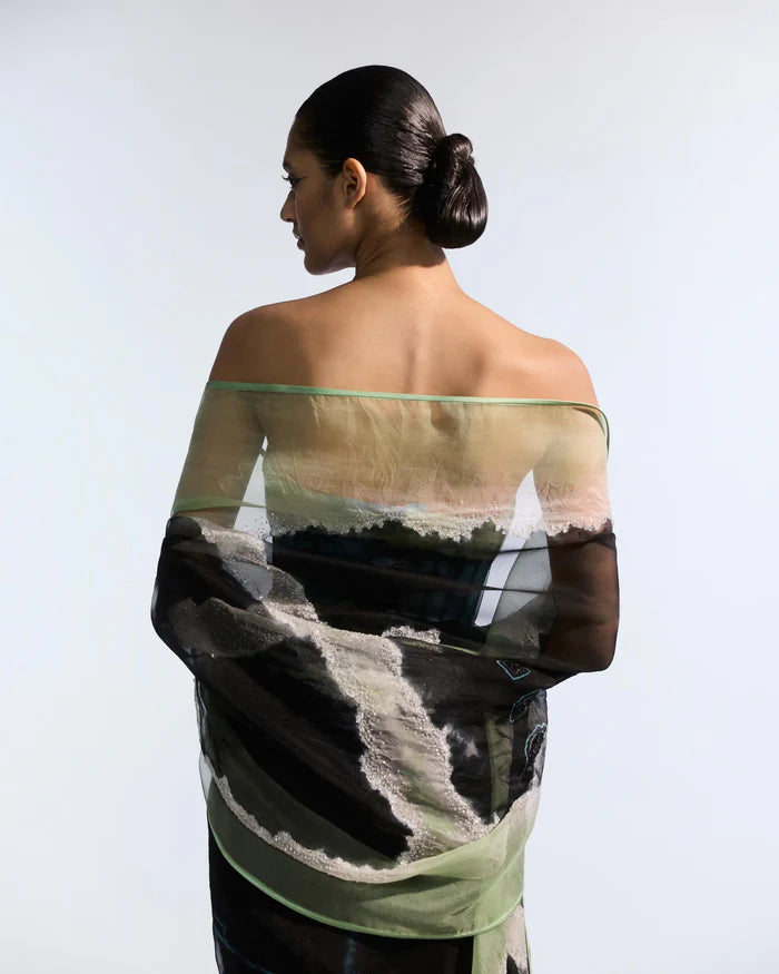 Crystalled organza tie dye saree set