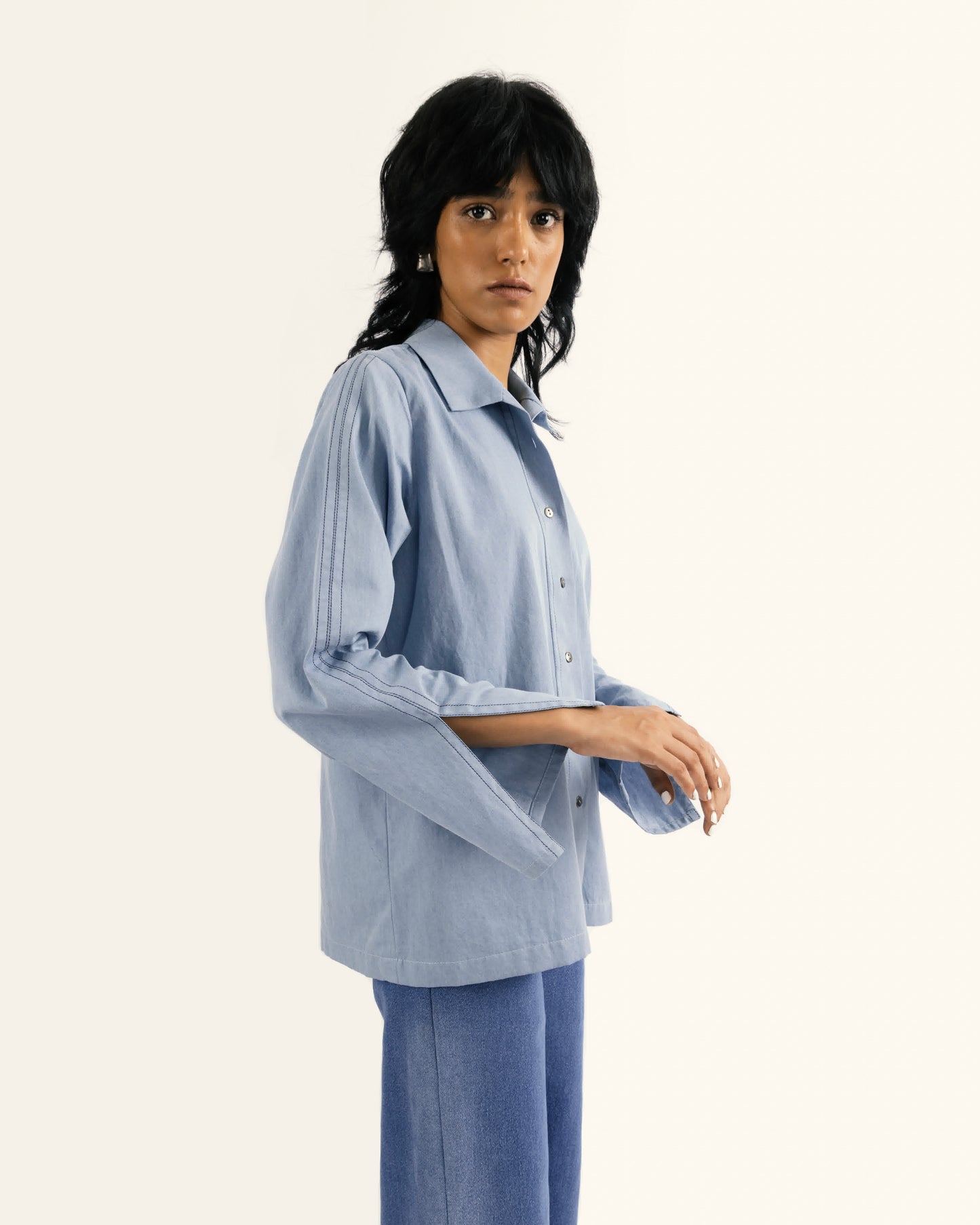 Eco-friendly denim slit shirt, cotton denim shirt for women