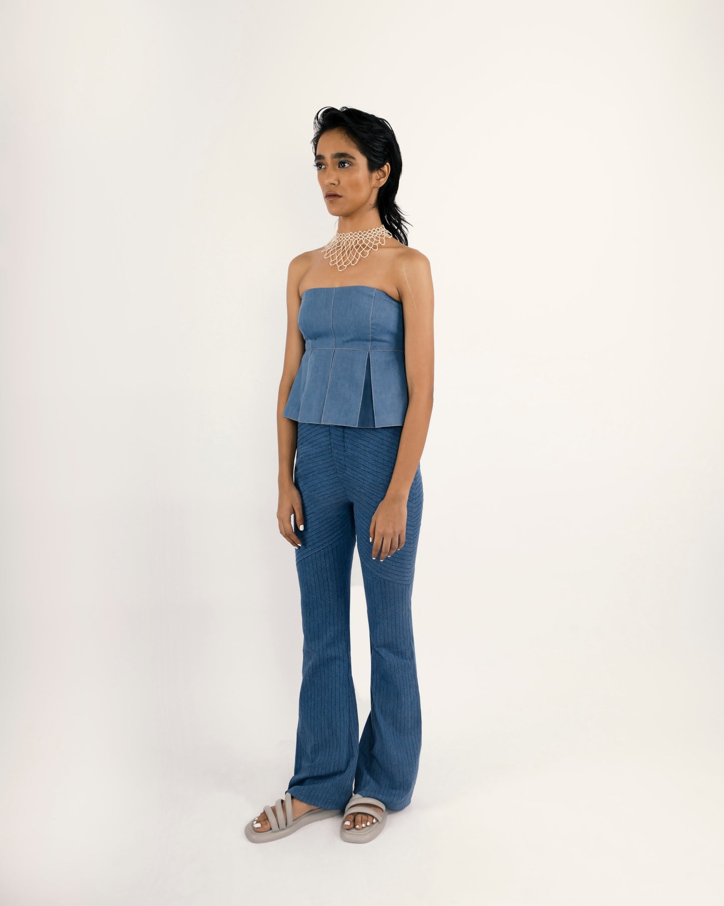 running stitch threadwork, denim pants for women, eco-friendly denim