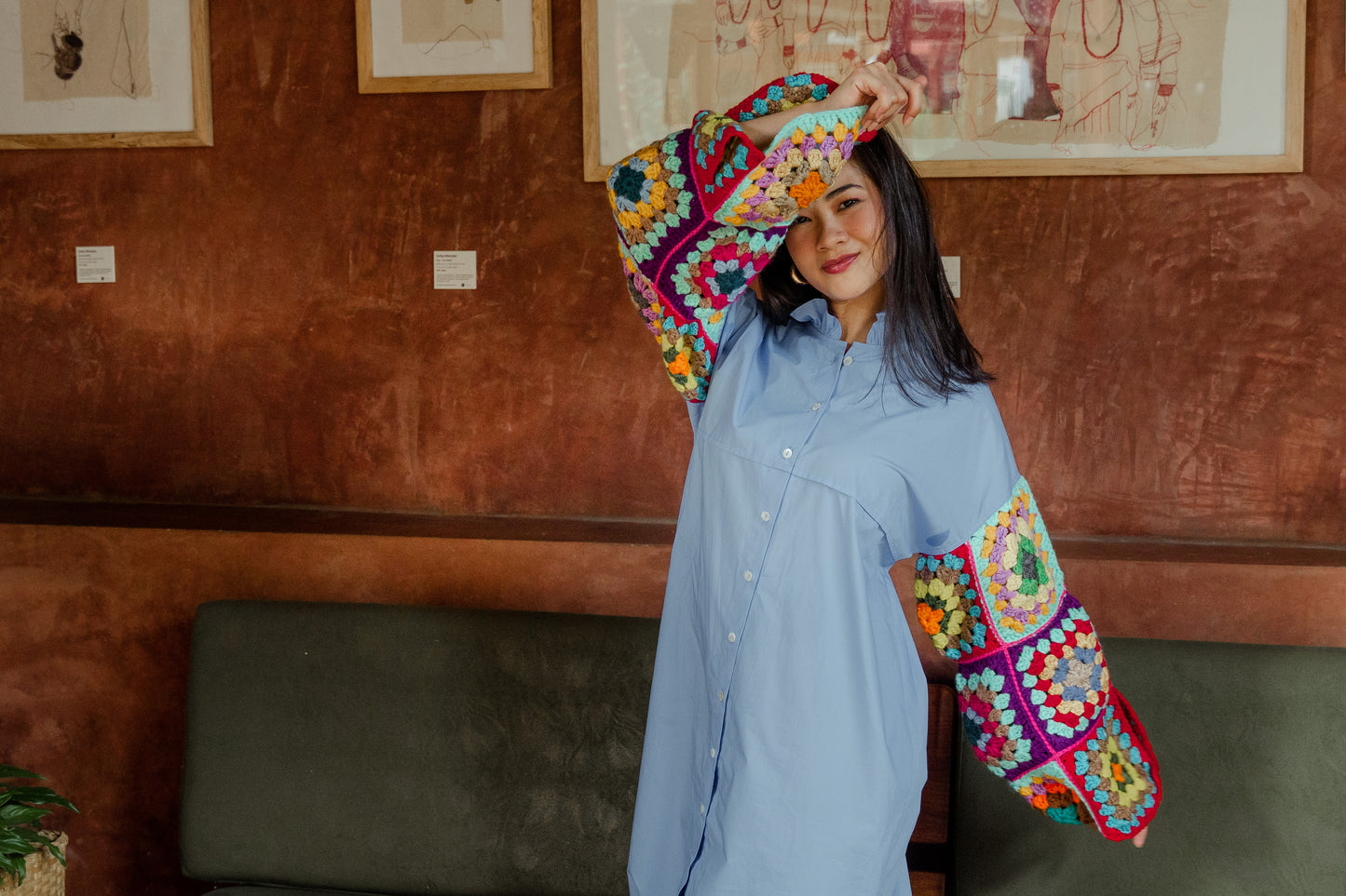 Aqua Oversized Shirt with Multicolour Sleeves