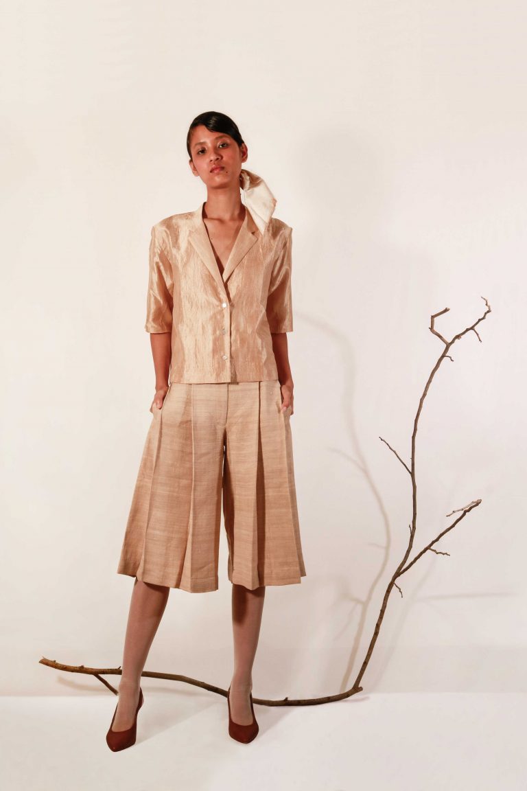 Tea dyed Bronze-beige relaxed fit Mulberry silk notch collar shirt top for women.