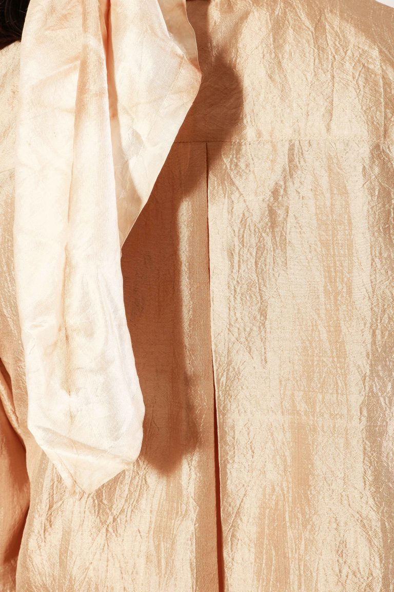 Tea dyed Bronze-beige relaxed fit Mulberry silk notch collar shirt top for women.