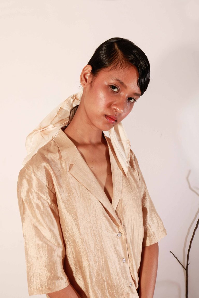 Tea dyed Bronze-beige relaxed fit Mulberry silk notch collar shirt top for women.