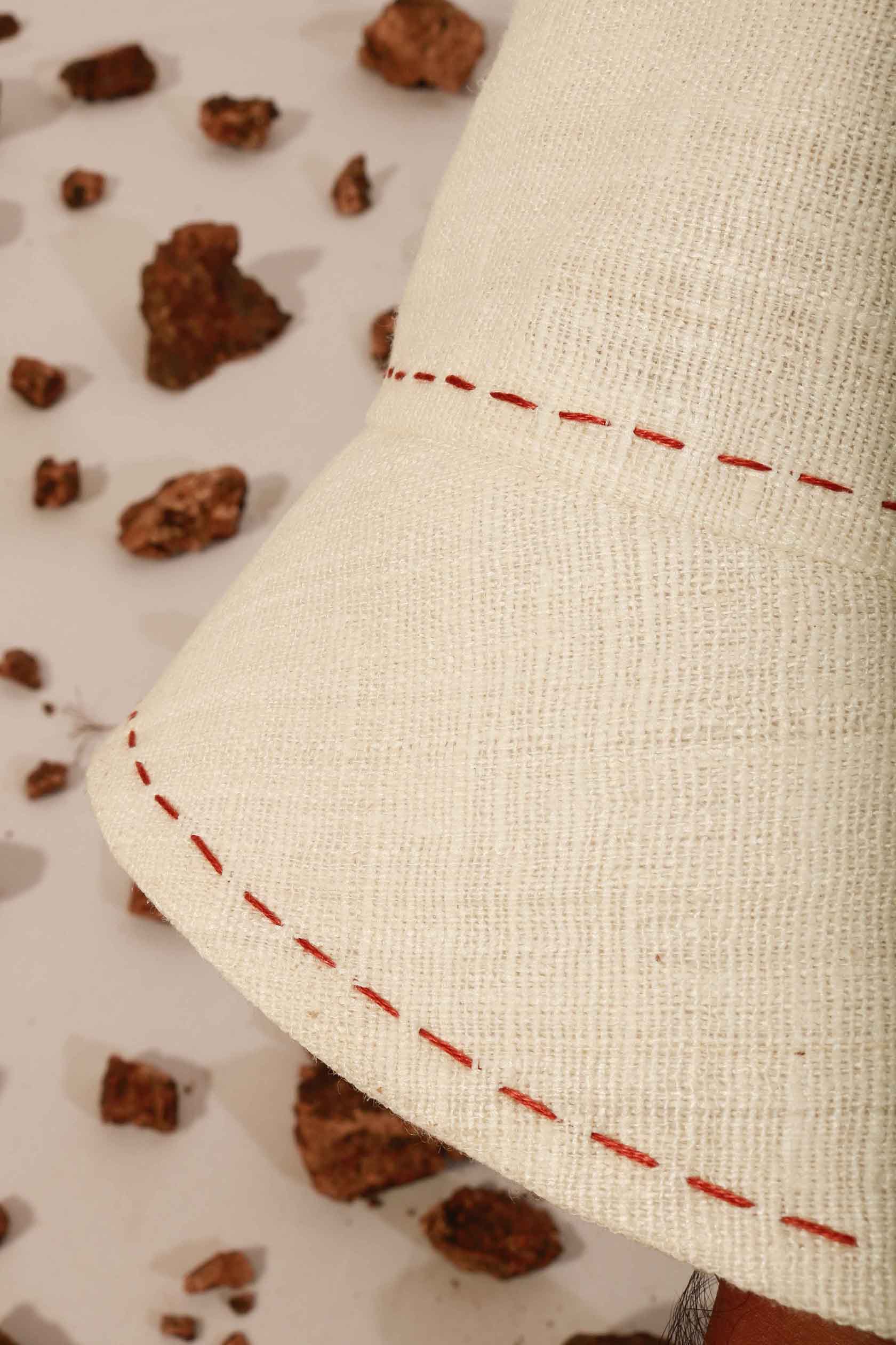 Eri Silk unisex Bucket Hat, Handspun and handwoven Eri Silk with embroidery stitch detail.