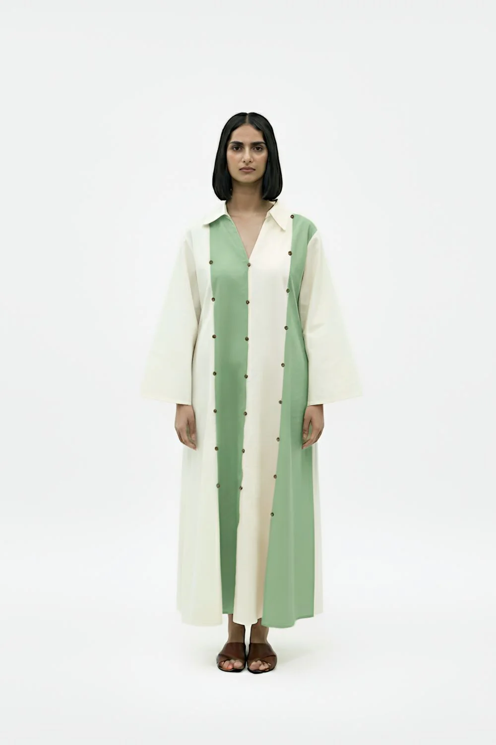 Ivory-Asparagus Green Panel Maxi Dress