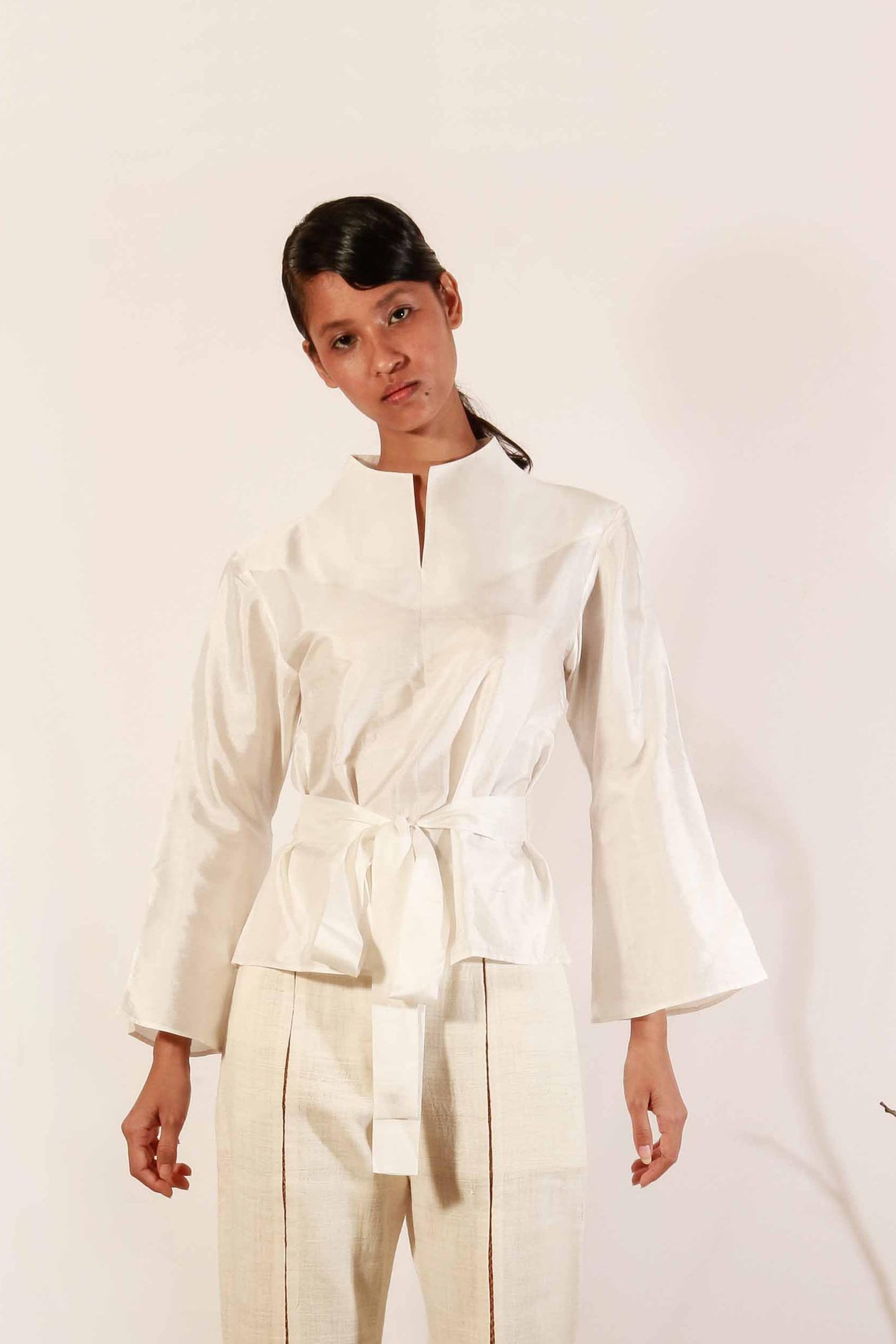 Mulberry silk top with high neck detail and flared full sleeve