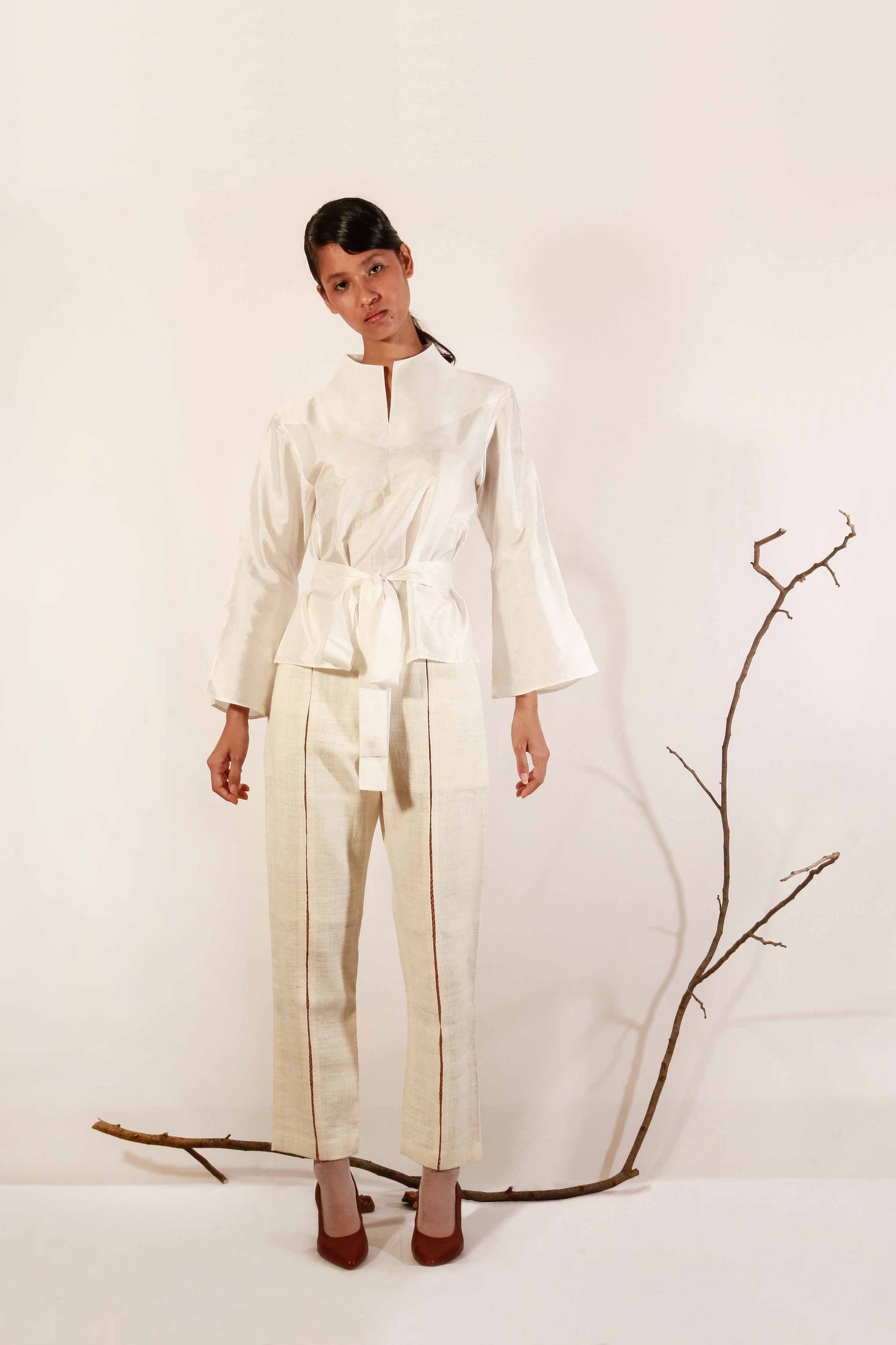 Mulberry silk top with high neck detail and flared full sleeve