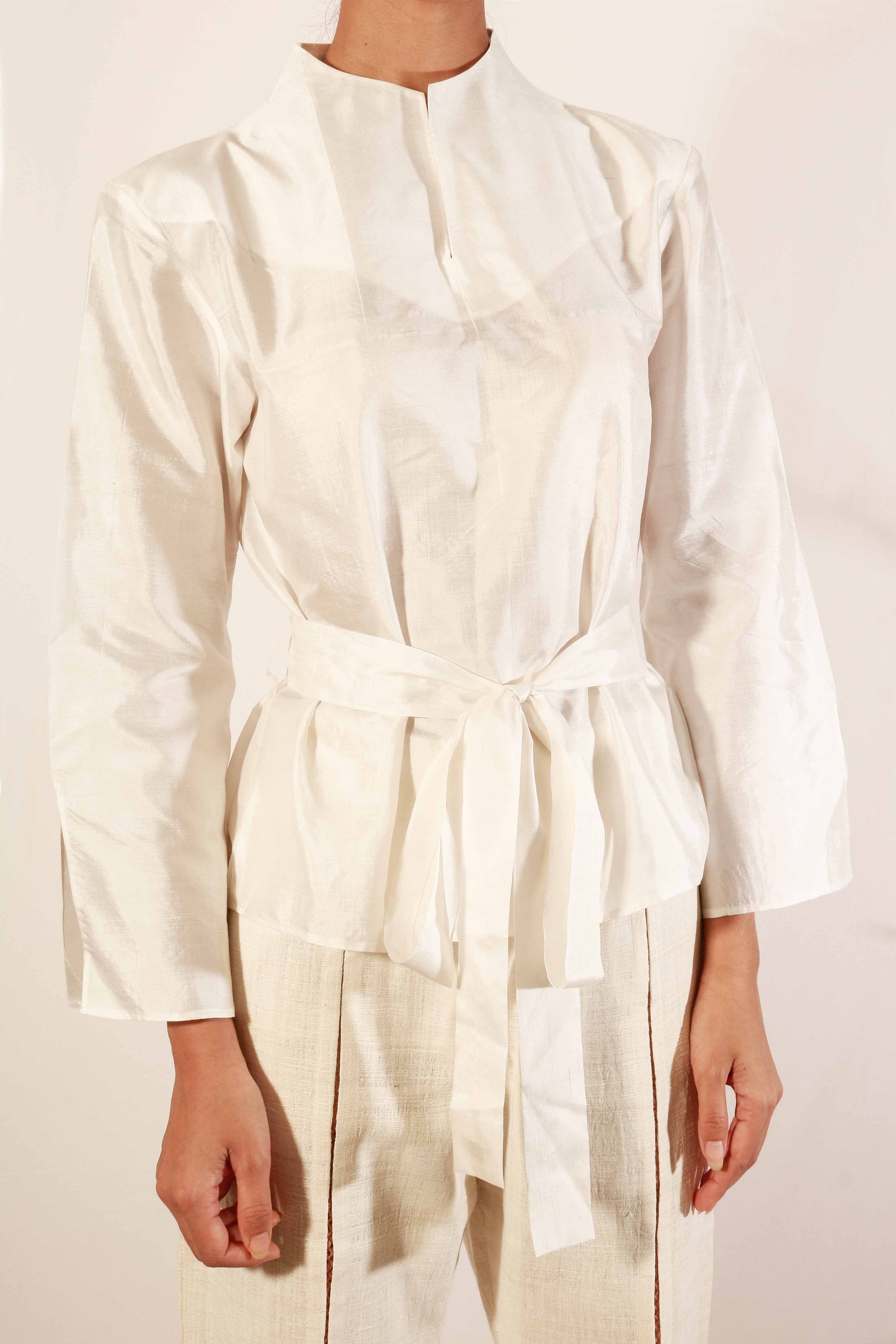 Mulberry silk top with high neck detail and flared full sleeve