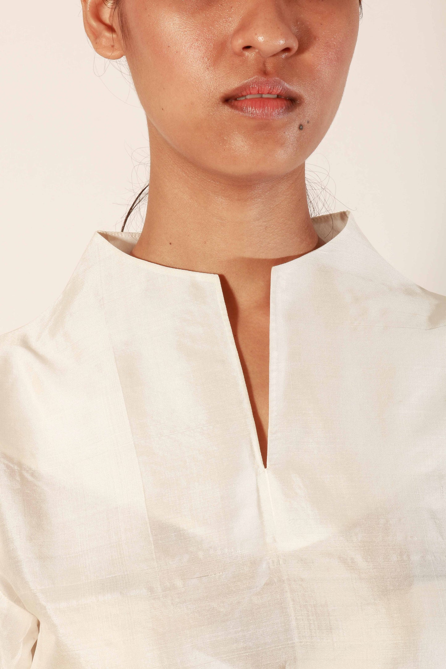 Mulberry silk top with high neck detail and flared full sleeve