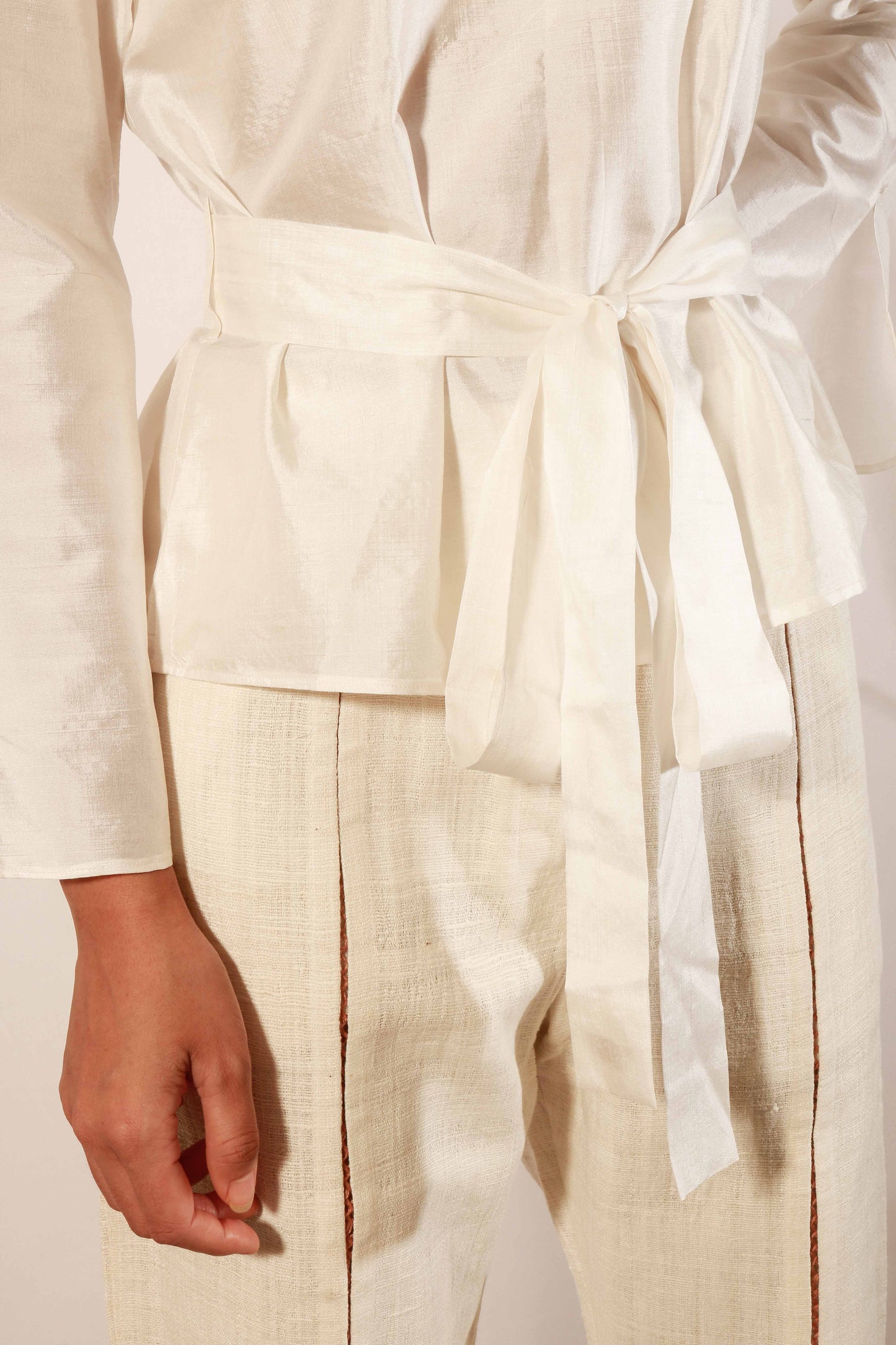 Mulberry silk top with high neck detail and flared full sleeve