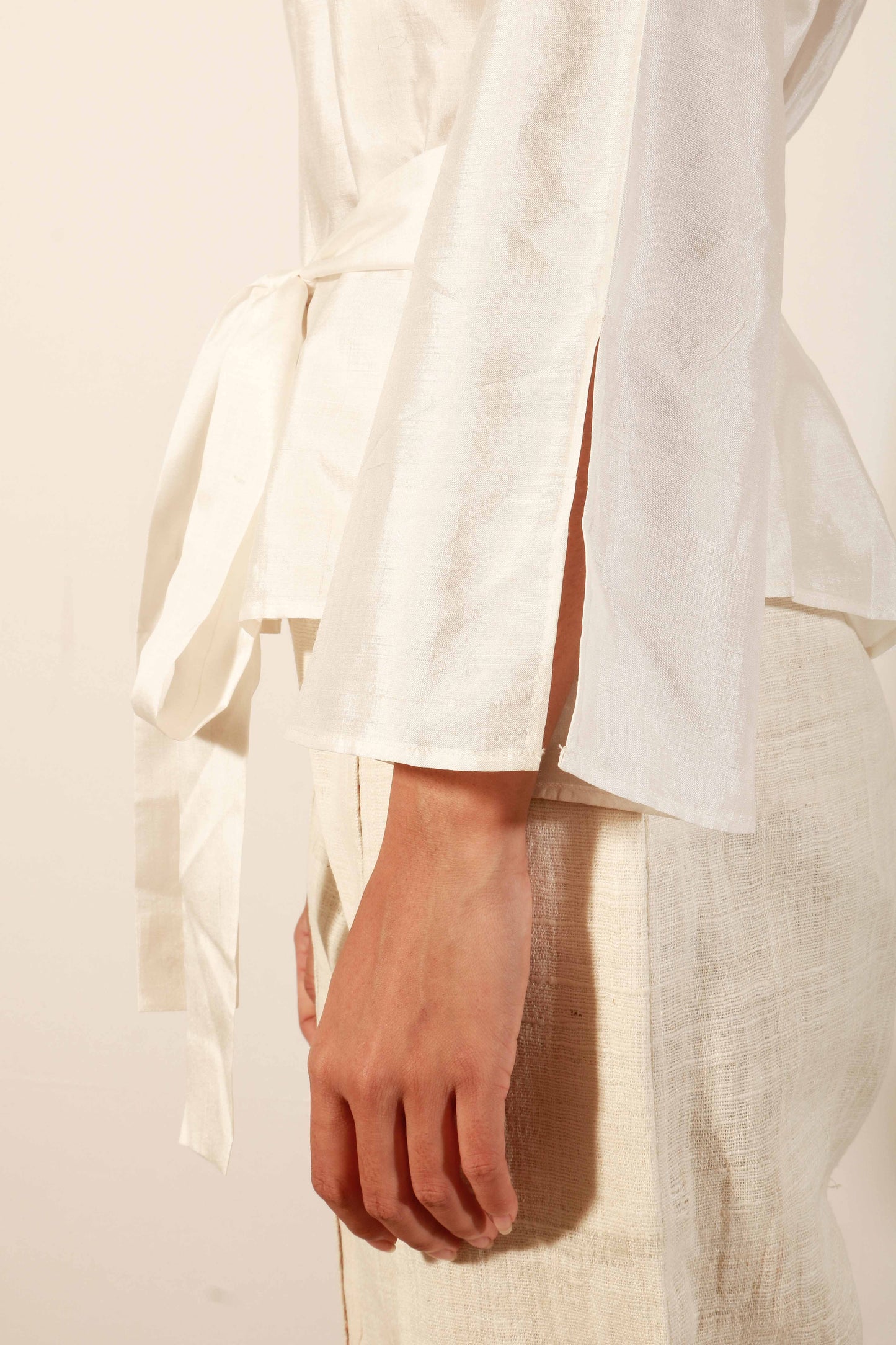 Mulberry silk top with high neck detail and flared full sleeve