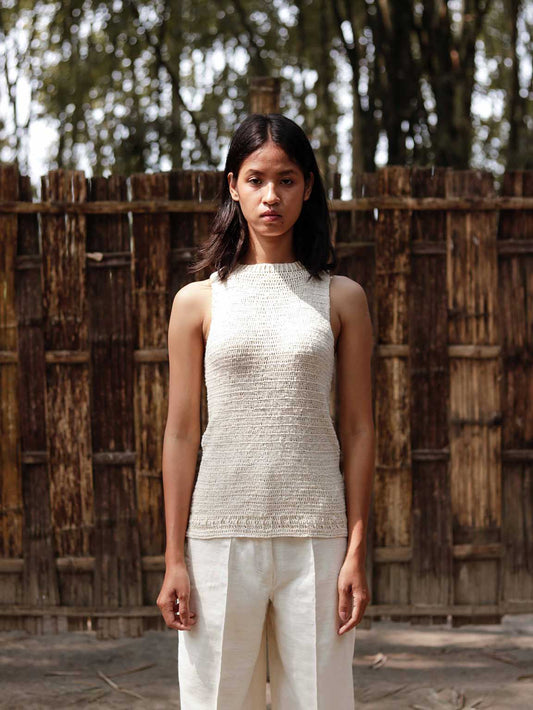 Hand-crochet off white Eri Silk top, Extremely soft and fits well, High or mock neck sleeveless top with hand-spun Eri Silk yarn.