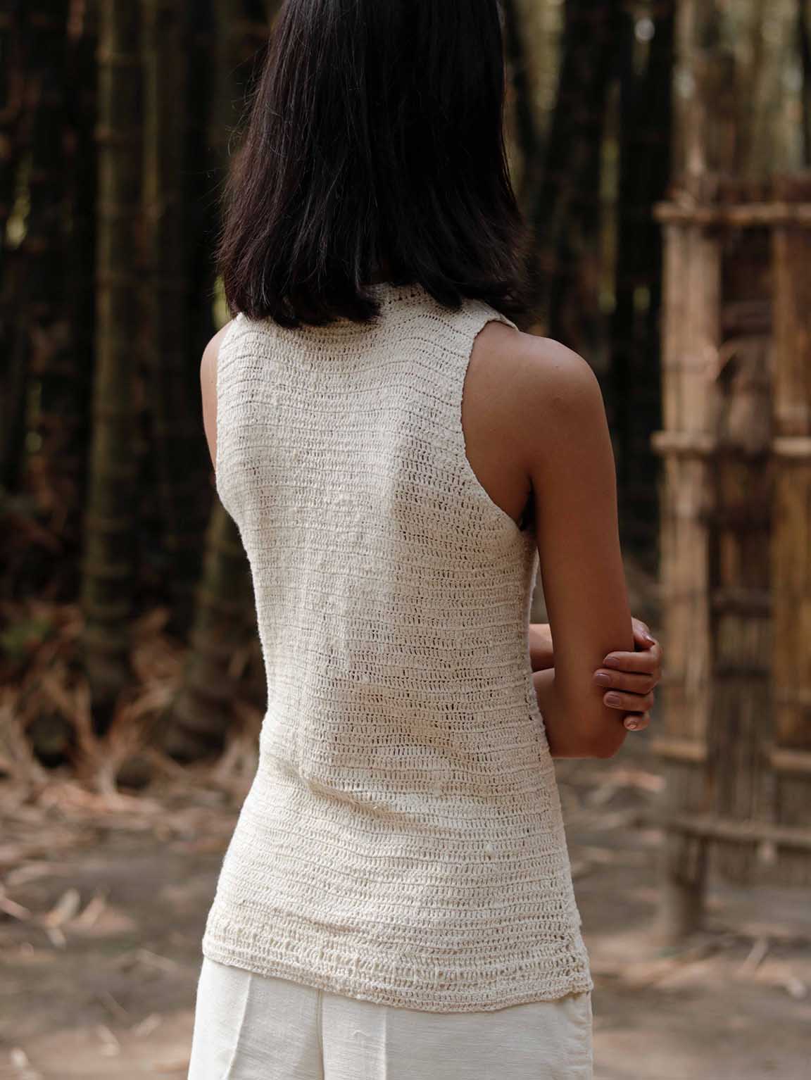 Hand-crochet off white Eri Silk top, Extremely soft and fits well, High or mock neck sleeveless top with hand-spun Eri Silk yarn.