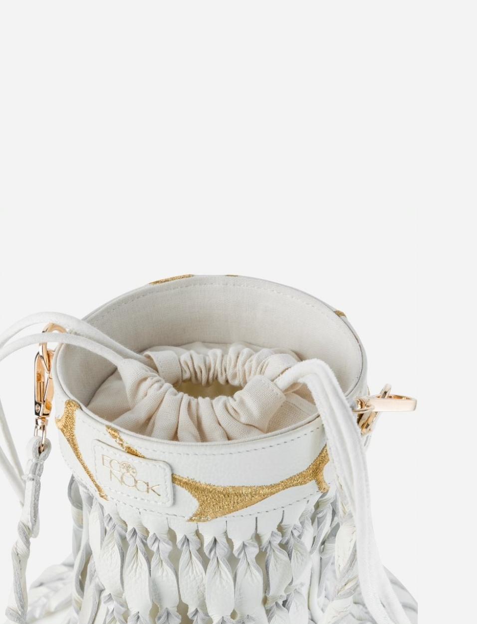 White/Ivory upcycled leather braided women's handbag with gold embroidery.