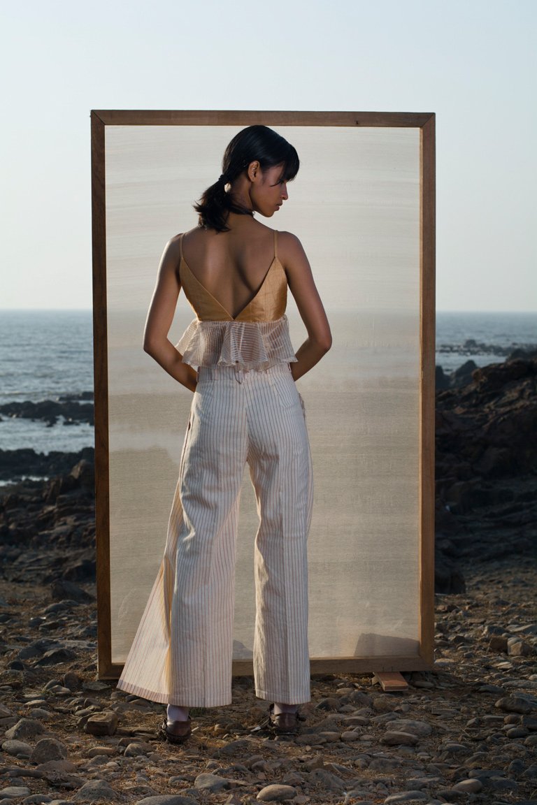 Tea dyed bronze-gold mulberry silk triangle bralette with deep back and striped chanderi tissue as flares for women.