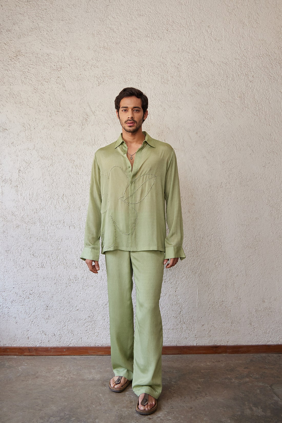 Green Men's Top, Sustainable clothing, hand-embroidered chiffon top