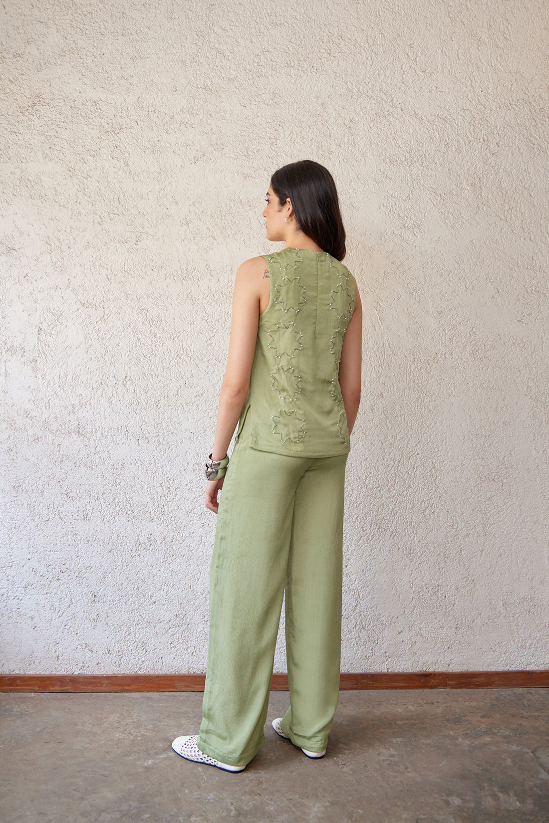 Women Green Top, hand embroidery, sustainable clothing, co-ord, chiffon top
