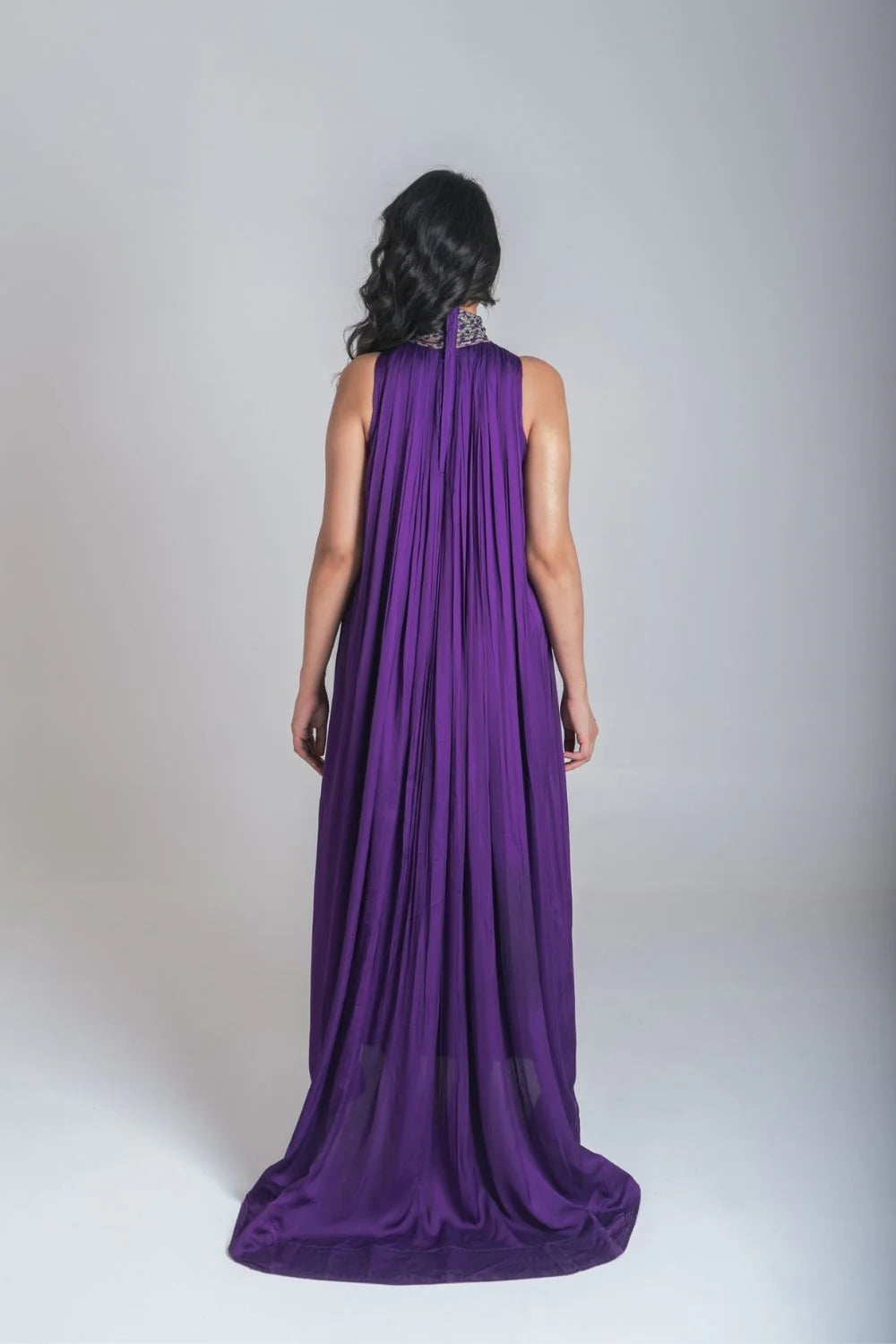 Purple-Green Braided Halter Neck Gather Gown