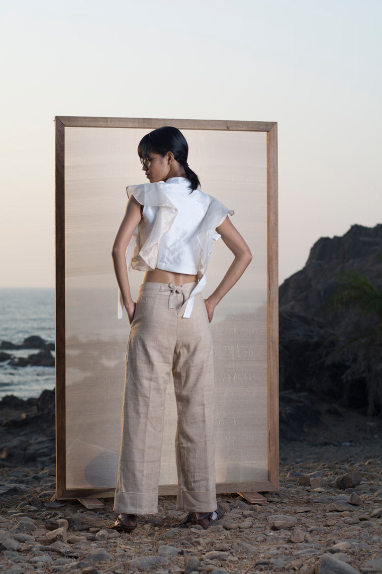 Mulberry Off-White silk top with soft gold ruffles detail at princess line and tie-up detail instead side seam with buttons for women.