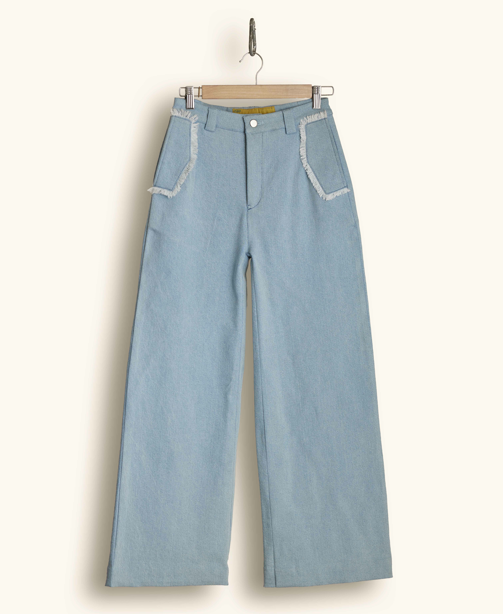Light blue denim pants, pants for women, fringed pocket pants, sustainable denim pants