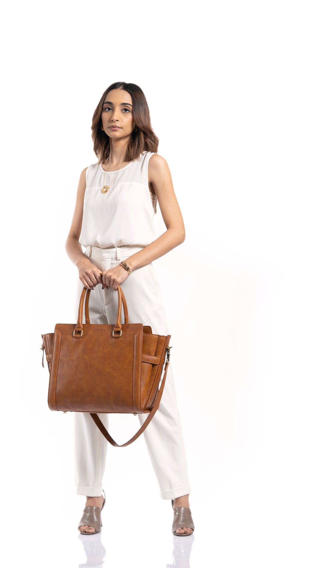 Tan/Brown work satchel for women made with conscious and vegan leather.