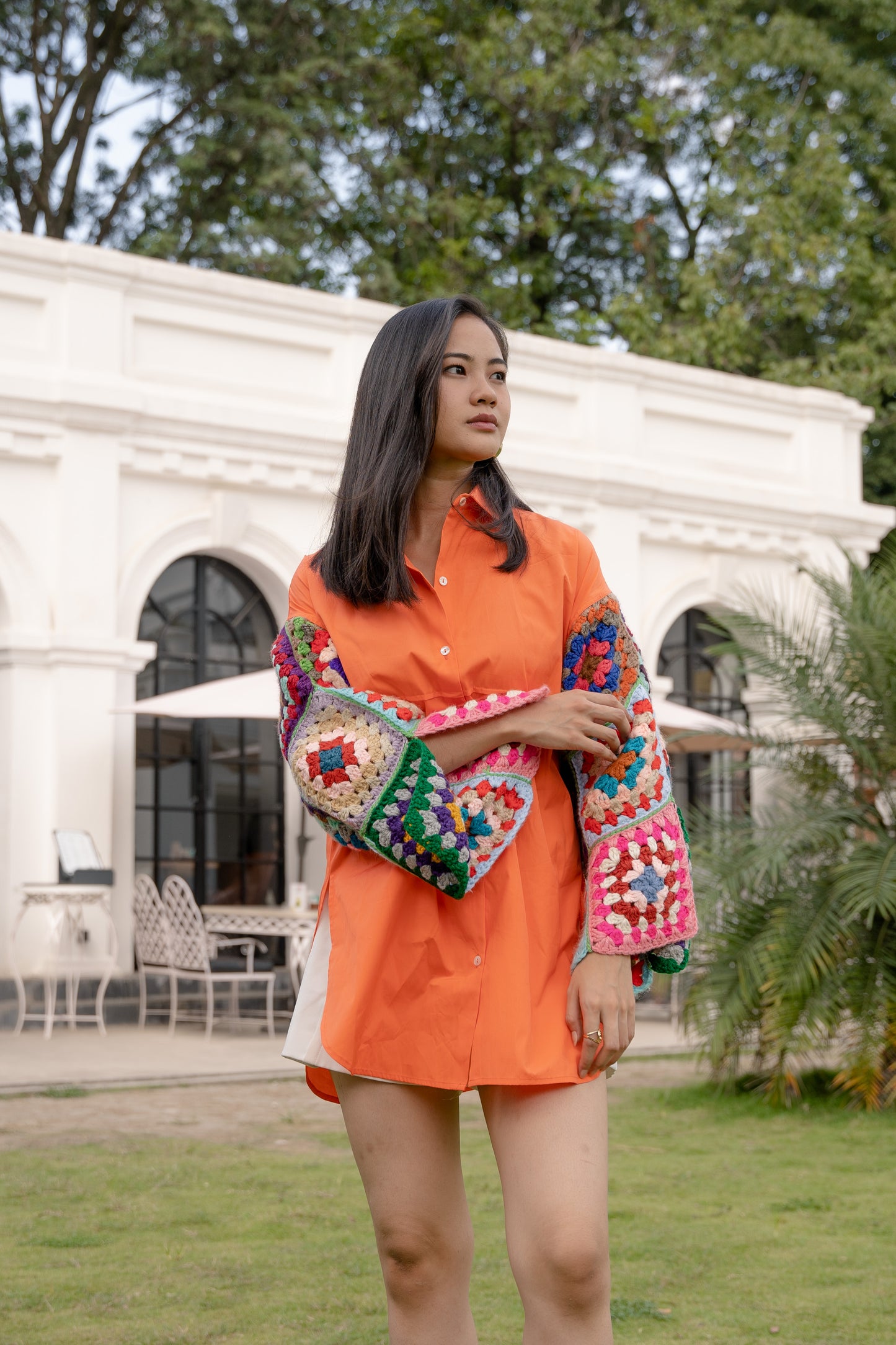 Tangerine Oversized Shirt with Multicolour Sleeves
