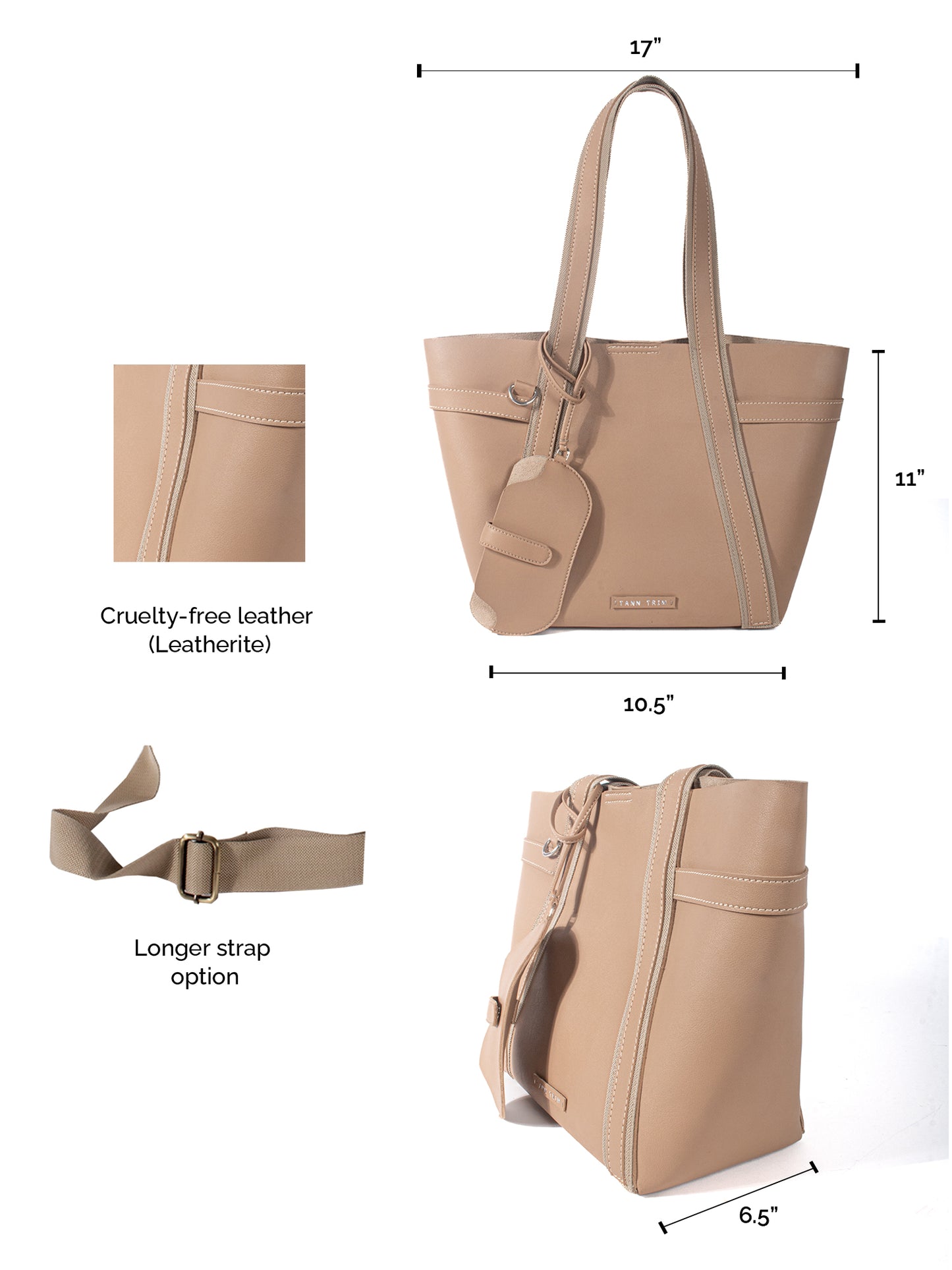 Spacious beige tote bag for daily use made by conscious and vegan leather.
