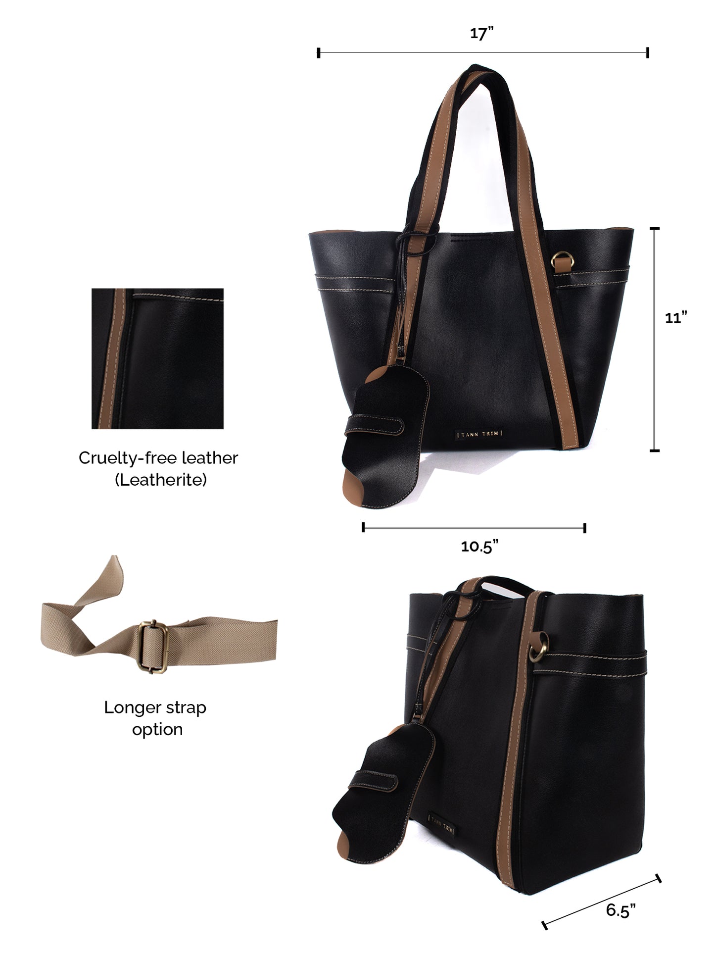 Spacious black tote bag for daily use made by conscious and vegan leather.