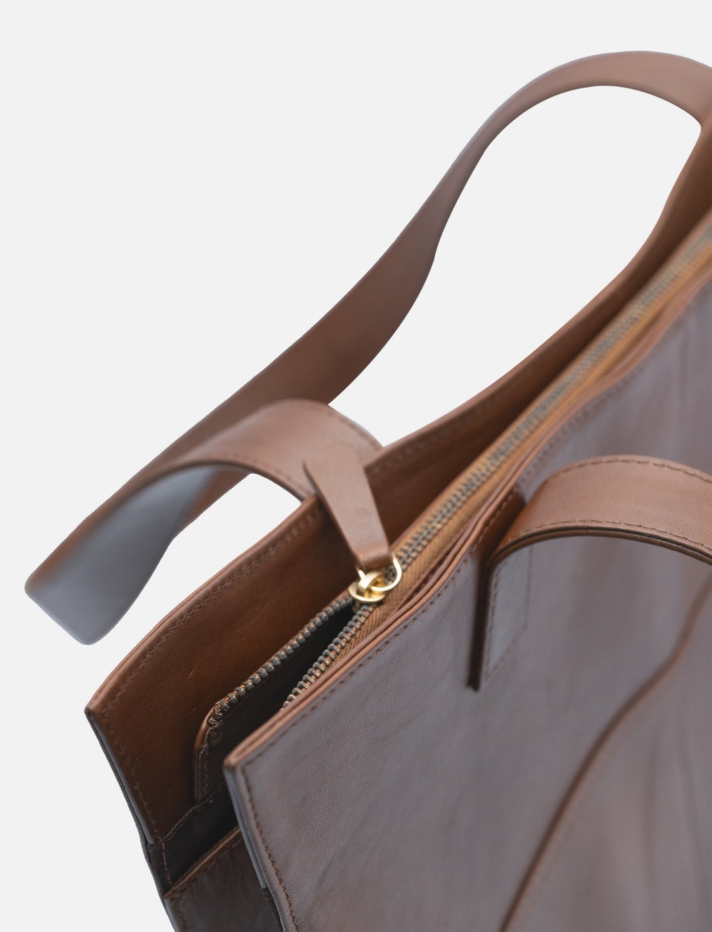 Tan/Brown upcycled leather tote handbag with gold ebroiery.