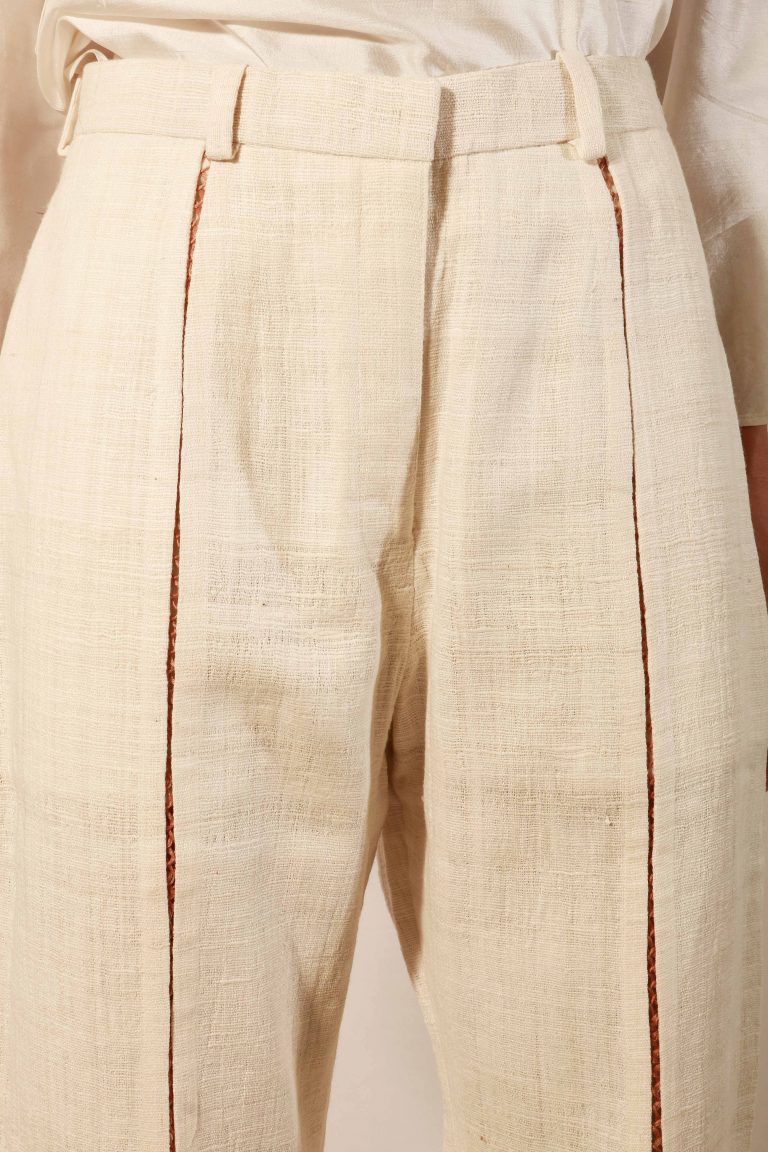Eri Silk off white work trousers with thread faggoting detail in front, Handspun and handwoven with embroidery detail.