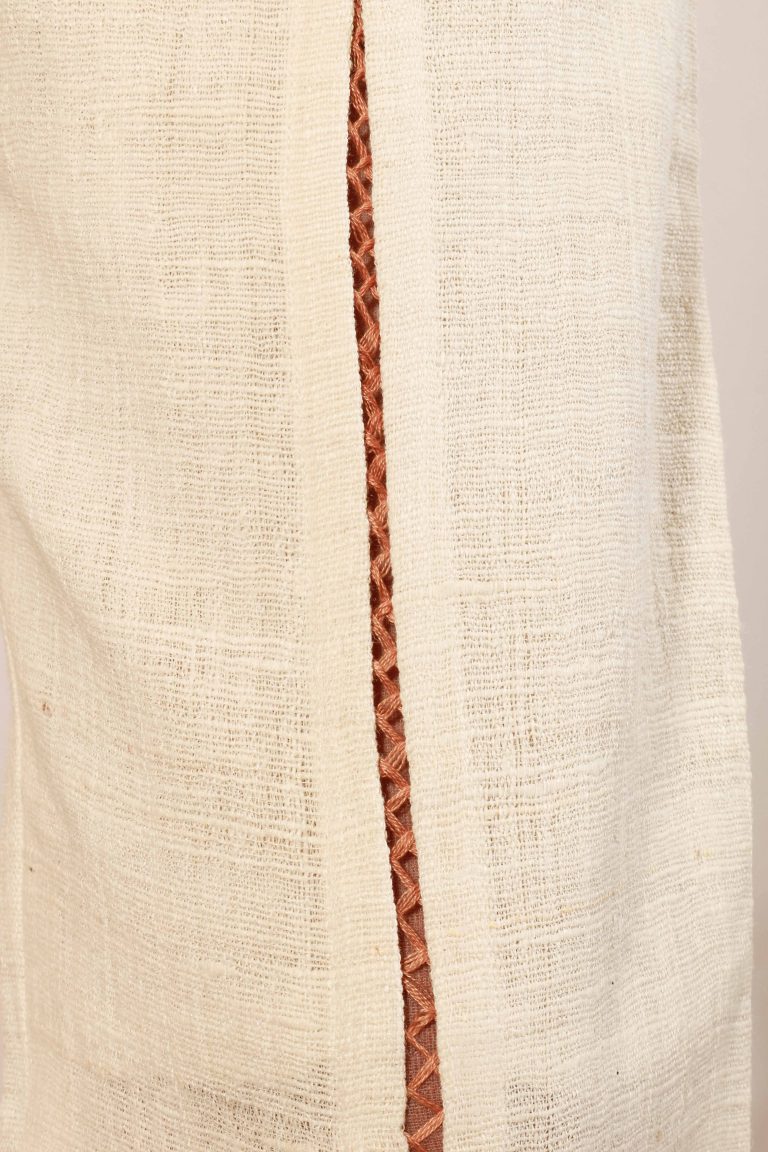 Eri Silk off white work trousers with thread faggoting detail in front, Handspun and handwoven with embroidery detail.