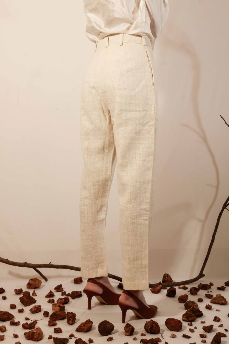 Eri Silk off white work trousers with thread faggoting detail in front, Handspun and handwoven with embroidery detail.