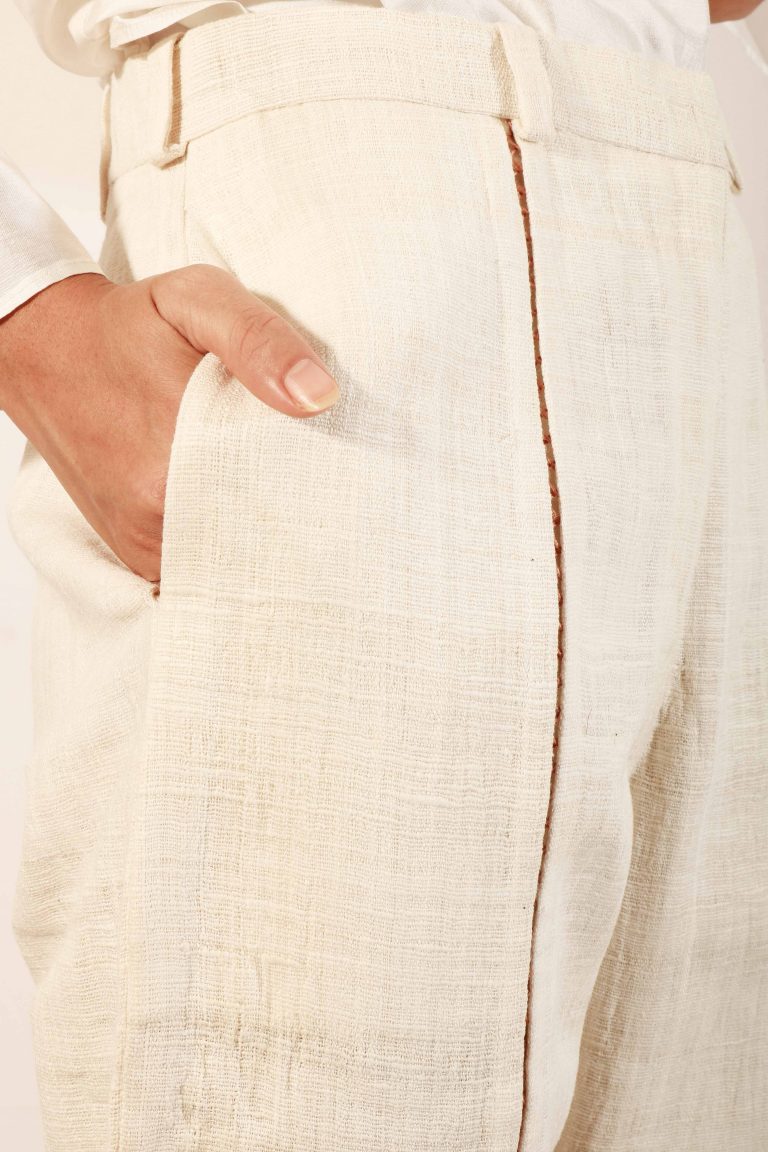 Eri Silk off white work trousers with thread faggoting detail in front, Handspun and handwoven with embroidery detail.