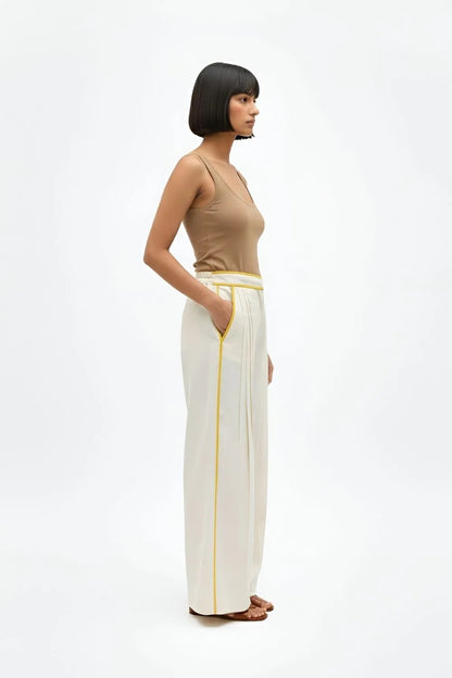 Ivory-Mango Yellow Pintucks Pants