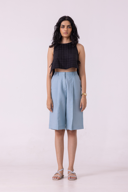 March Blue Linen Pleated Shorts