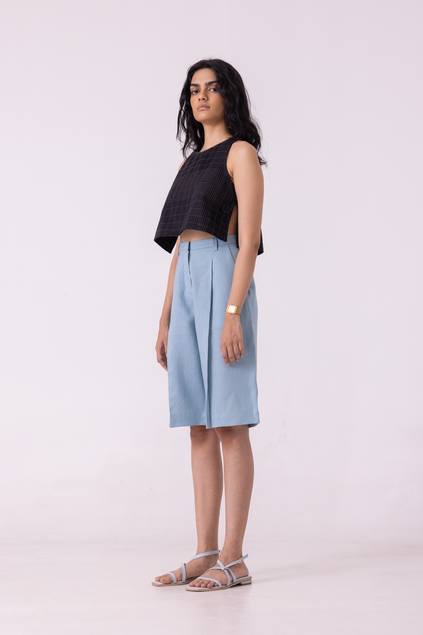 March Blue Linen Pleated Shorts