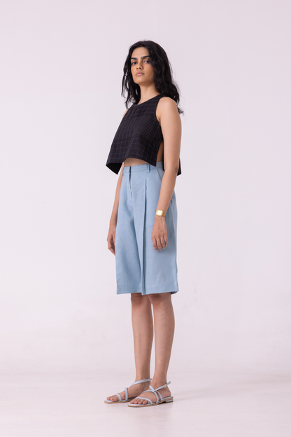 March Blue Linen Pleated Shorts