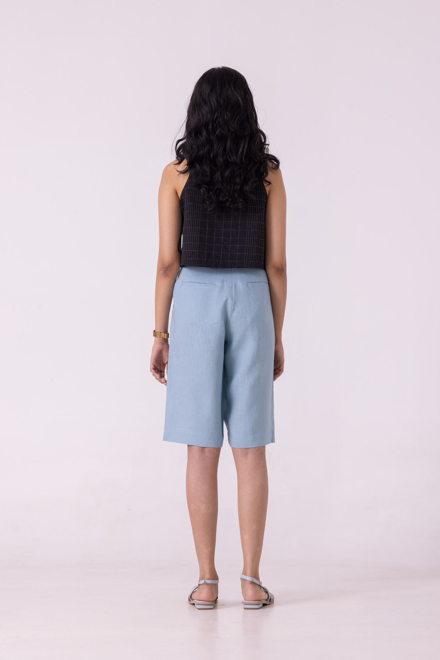 March Blue Linen Pleated Shorts