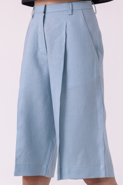 March Blue Linen Pleated Shorts