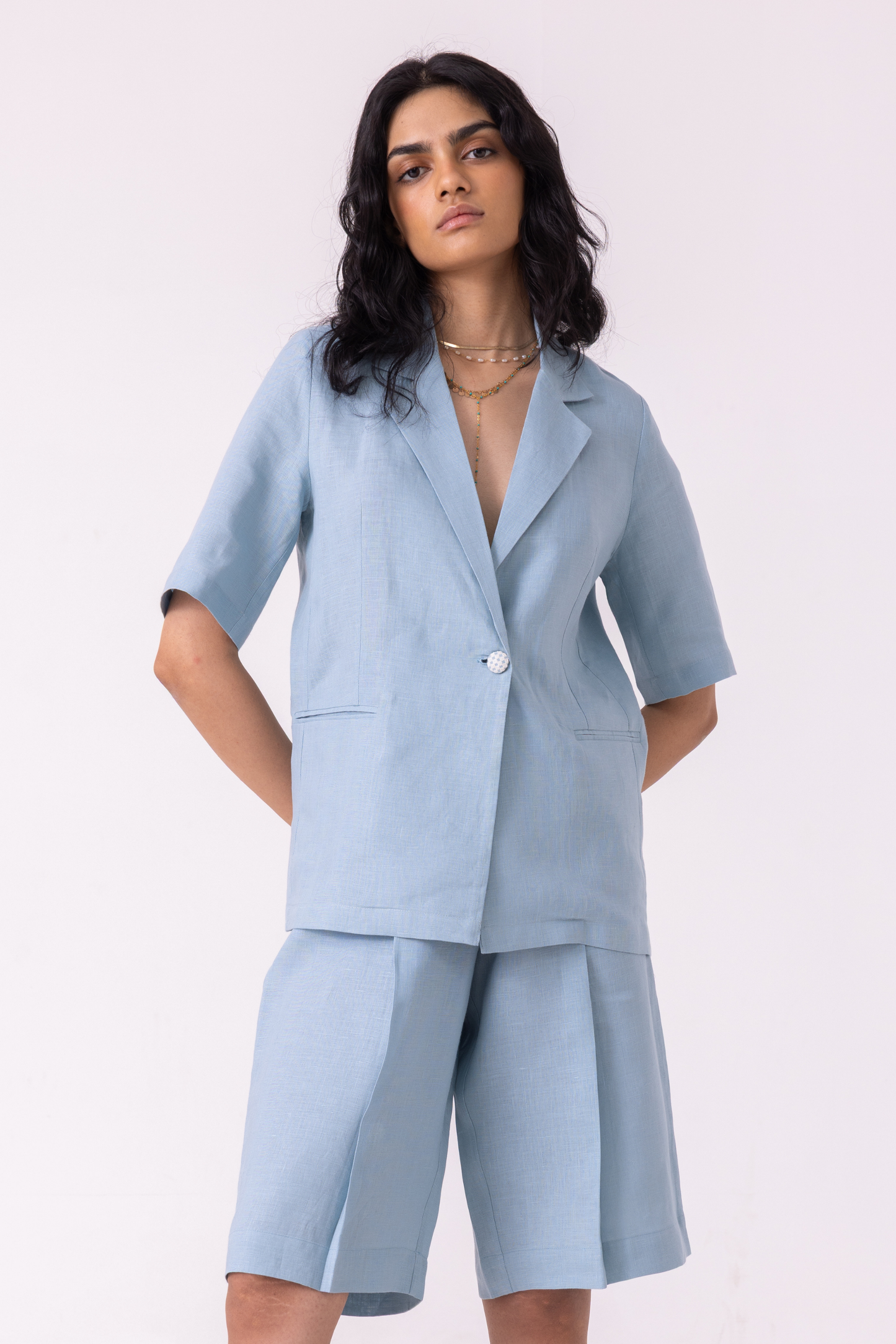 March Blue Linen Pleated Shorts