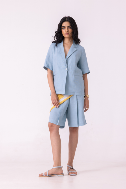 March Blue Linen Pleated Shorts