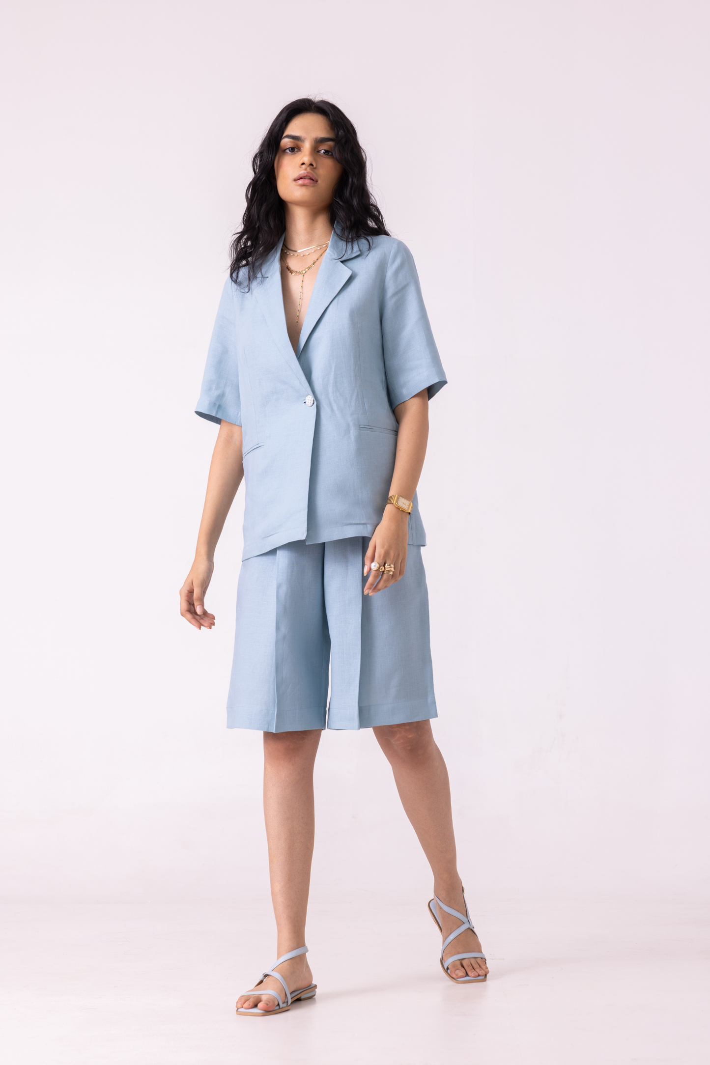 March Blue Linen Pleated Shorts