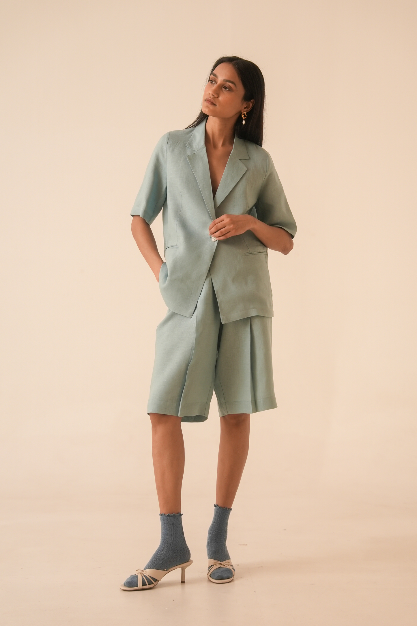 March Blue Linen Pleated Shorts
