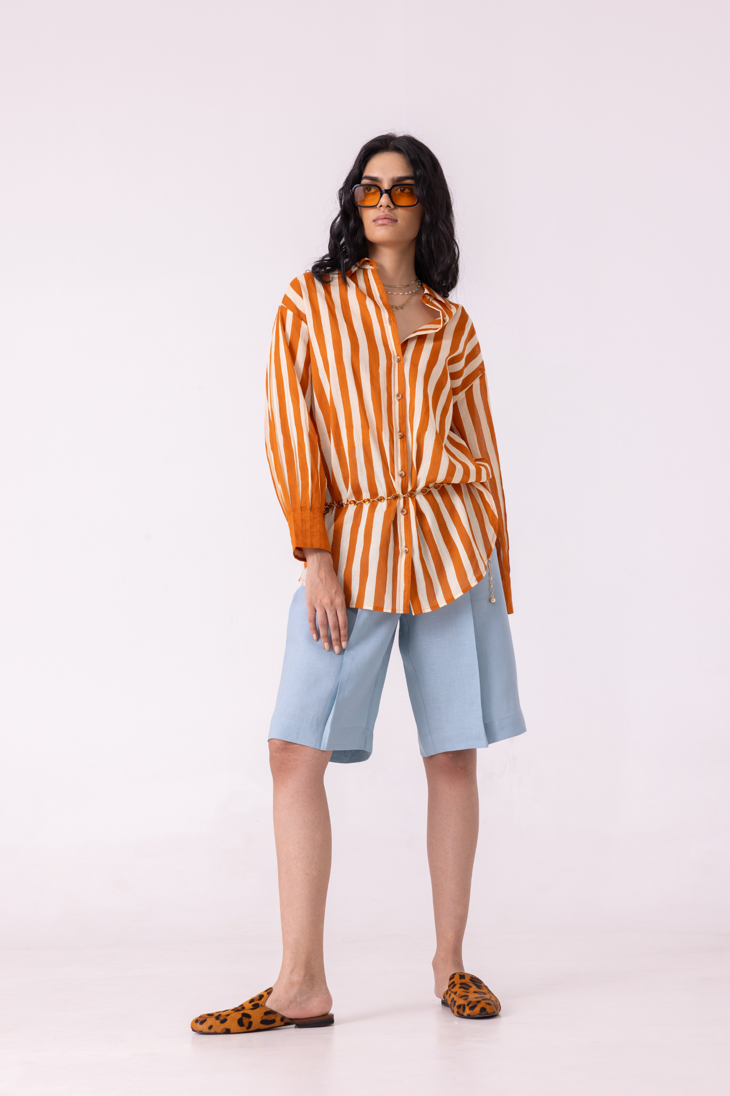 March Blue Linen Pleated Shorts