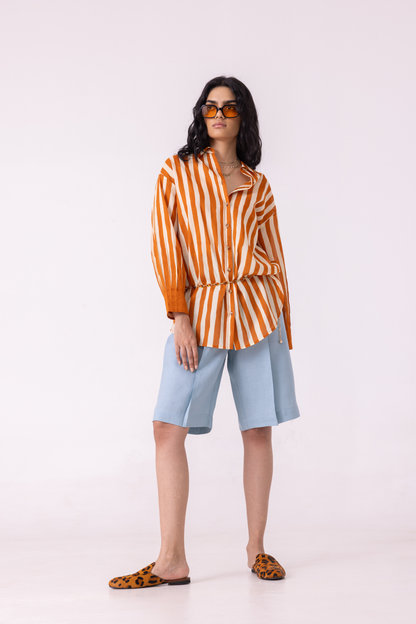March Blue Linen Pleated Shorts