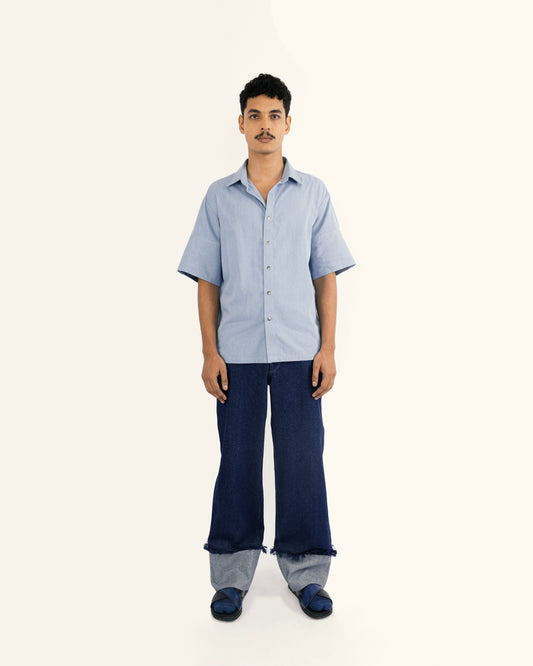 inverted hem sustainable pants for men, blue pants, denim pants