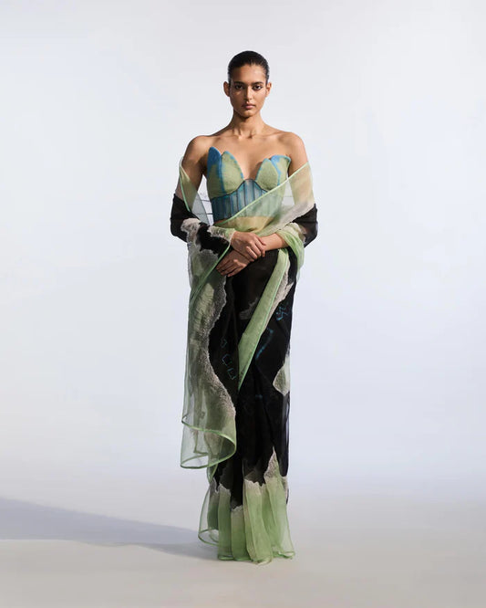 Crystalled organza tie dye saree set