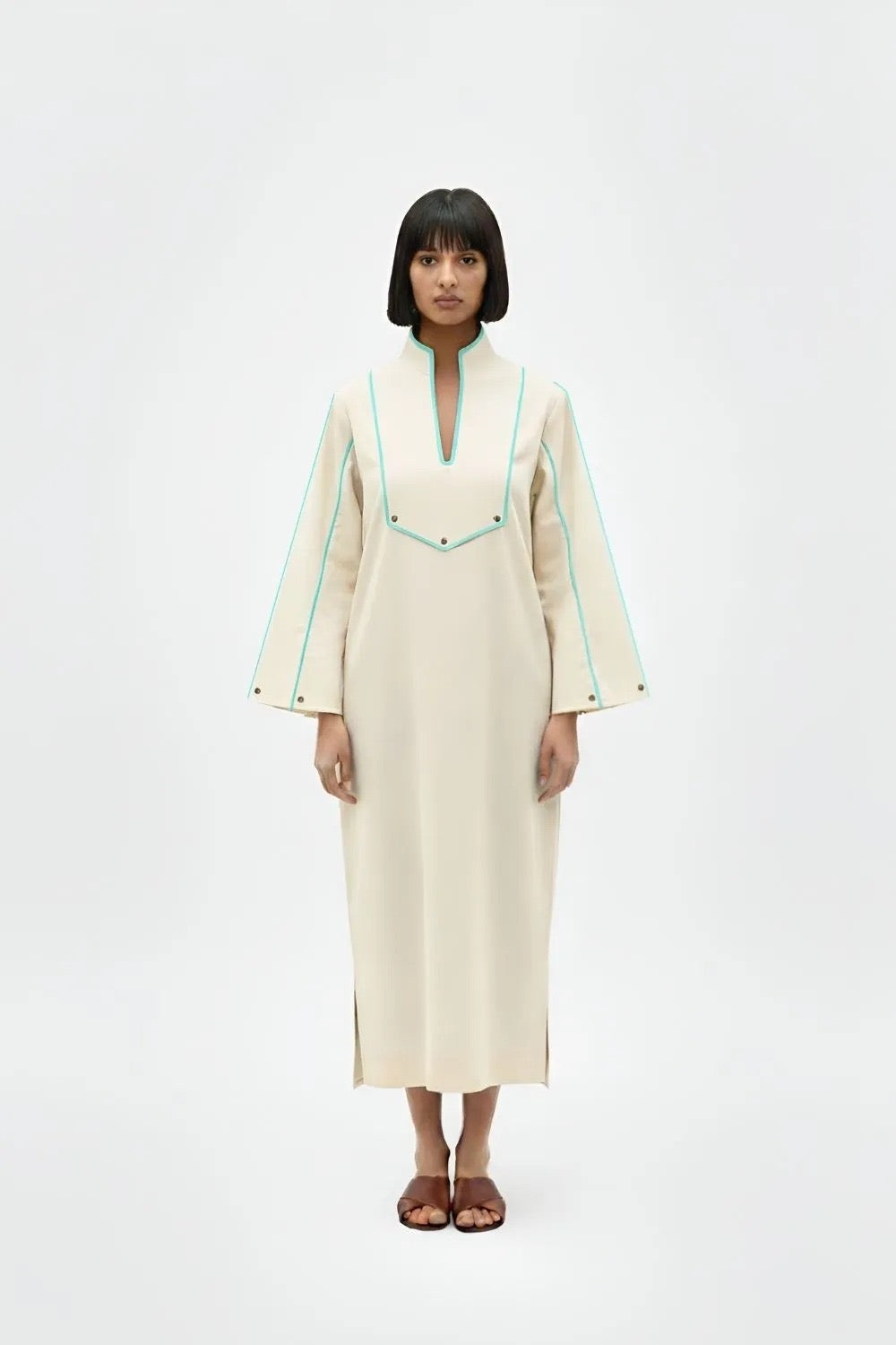 Ivory-Tiffany Blue Collared Stripe Dress