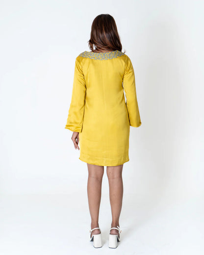 Yellow-Green Braided Collar Short Dress