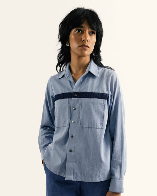 eco-friendly denim shirt, contrast stripe shirt for women, sustainable denim